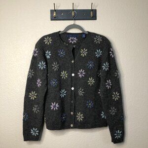 Karen Scott Pure Wool Artsy Crochet 100% Wool Cardigan Women's L Mother of Pearl